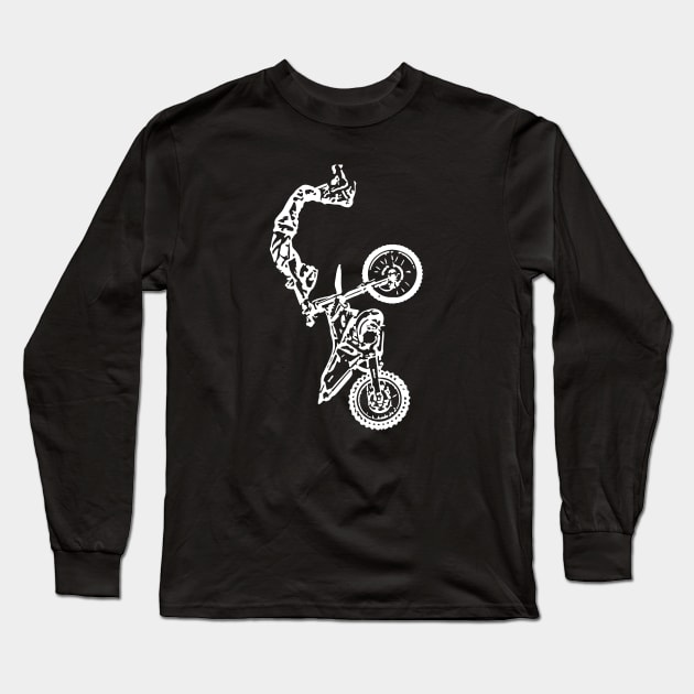 Motocross Jumping Freestyle White Sketch Art Long Sleeve T-Shirt by DemangDesign